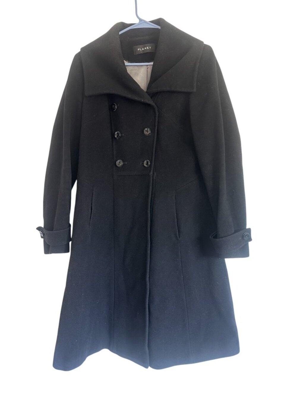 Planet Cashmere Blend Long Coat Womens 10 Black Fit Flare Old Money Classic Wool